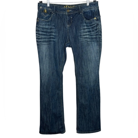 Beyonce's Dereon Embellished Velour Low Rise Flare Dark Distressed Jeans Size 16 - Picture 1 of 16